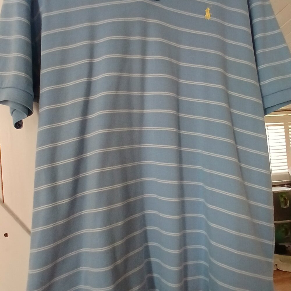 Polo Collared Shirt, Pale Blue Striped. Size L- Short sleeves.
